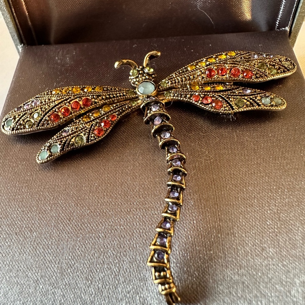 Bejeweled Dragonfly Brooch, gold tone with multicolor stones. Never worn.
